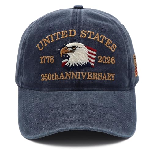 Pusfyeoh 250 Anniversary USA Hat 1776-2026 250th Anniversary Adjustable Embroidery Patriotic Baseball Cap for Men Women Navy Blue