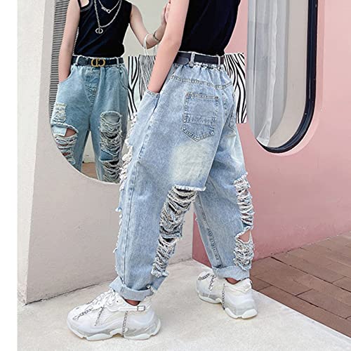 Aislor Youth Girls Kids Ripped Jeans Elastic Waist Hole Denim Pants Washed Straight Wide Leg Denim Trousers Cool Jeans4