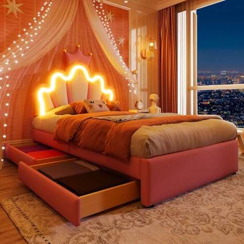 KOMHTOM Lit Rembourré avec Bande Lumineuse LED Ajustable, Lit de Princesse en Forme de Couronne et 2 tiroirs, Sommier à Lattes en Bois, Cadre de lit, PU(sans...