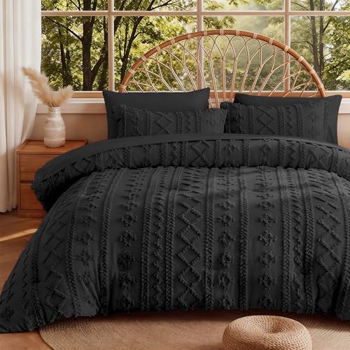 Image of MR&HM Full Size Bed Sheets and Comforter Set Black, 7 Pieces Tufted Boho Beddding Sets, Farmhouse Style Bed in a Bag with 1 Comforter, 2 Pillow Shams, 2 Pillowcases, 1 Flat Sheet, 1 Fitted Sheet