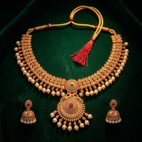 Image of Gold-Plated Antique Temple Jewellery Set for Women - Traditional Necklace with Large Peacock Pendant & Matching Jhumka Earrings | Ethnic Festive & Bridal Wear Set with Ruby & Emerald Accents