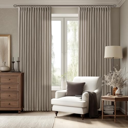 Image of Taupe Pinch Pleat Semi Sheer Linen Curtain 86 Inch Long for Bedroom | Thick Flax Linen Textured, Beige Grey Neutral Gray, Light-Filtering Privacy, Dining Room Living Room, Hook Rings Memory Shape