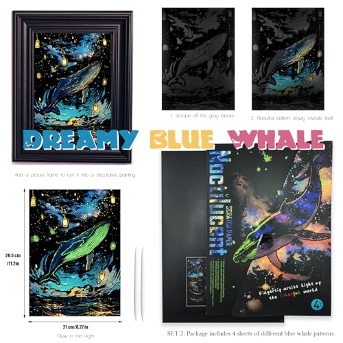 adult crafts glow in the dark scratch art rainbow painting paper 8 sheet with tools landscape scratchboard for teens amp adults fun creative craft toygiftsdecora4-noctilucent butterfly whale