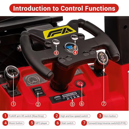 12V Kids Ride On Forklift Car, Electric Ride On Construction Car Toy for Toddles With Remote Control, Liftable Fork and Pallet, Low-Power Alarm, 2 Speeds, Music, Red