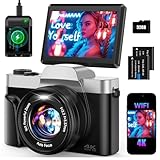 4K Digital Camera for Photography 64MP WiFi Vlogging Camera for YouTube Autofocus 3' 180° Flip Screen 16X Zoom Compact Travel Cameras with Anti-Shake, SD Card, 2 Batteries & Battery Charger