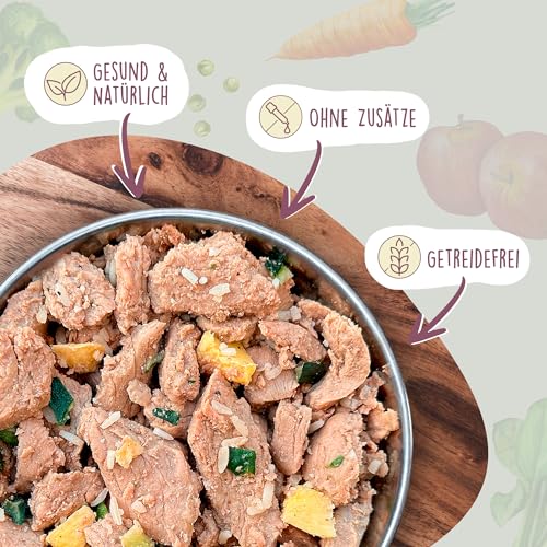 Fidelis – Gekochtes Frische-Menü Hunde mit Huhn, Reis, Zucchini & Mango (6 x 400g Glas) – Hundefutter mit 70% Fleischanteil & frischen Zutaten – Nassfutter ohne Zusätze & ungekühlt haltbar