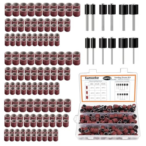 Sunxeke Sanding Drum Set for Most Rotary Tools-Includes 138 Aluminum Oxide Sanding Sleeves for Drum Sanders (80,120,240 Grit) and 12 Drum Mandrels-Sanding Bits Tool Accessories with Box