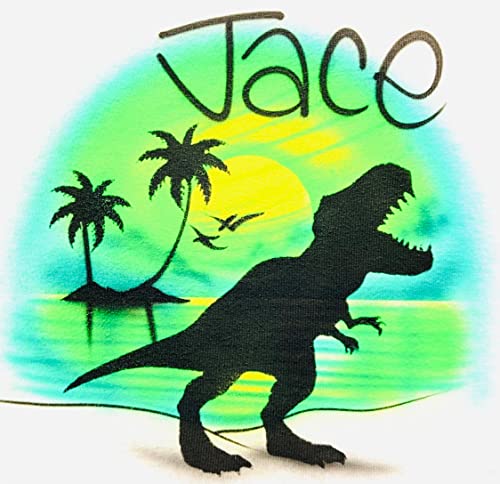 Airbrush Tyrannosaurus Dinosaur, Green Background Name Design T Shirt3