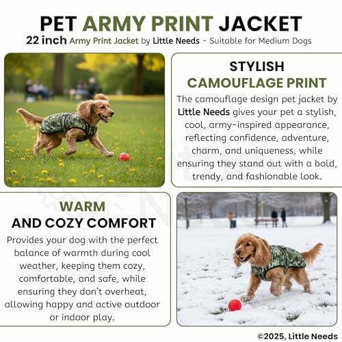Image of Dog Jacket for Winter (Army Print, 22 Inch) | Camouflage Design, Waterproof & Windproof Polyester Coat with Fleece, Adjustable Velcro Closure, Warm Vest for Cold Weather