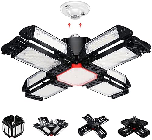 Garage Lights Ceiling Led 12 Panel Plug in Shop Lights 180W 18000 LM 6500K Garage Lights Ceiling LED,12 Leaf Deformable Multi-Position Panels Garage Lights E26 E27 Base,for Barn,Workshop,Basement