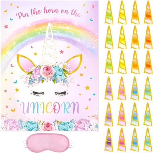 Image of WERNNSAI Pin The Horn on The Unicorn - Unicorn Birthday Decorations Birthday Party Games for Kids Poster with 24 Horn Stickers Girls Rainbow Party Favors Supplies Home Wall Decor