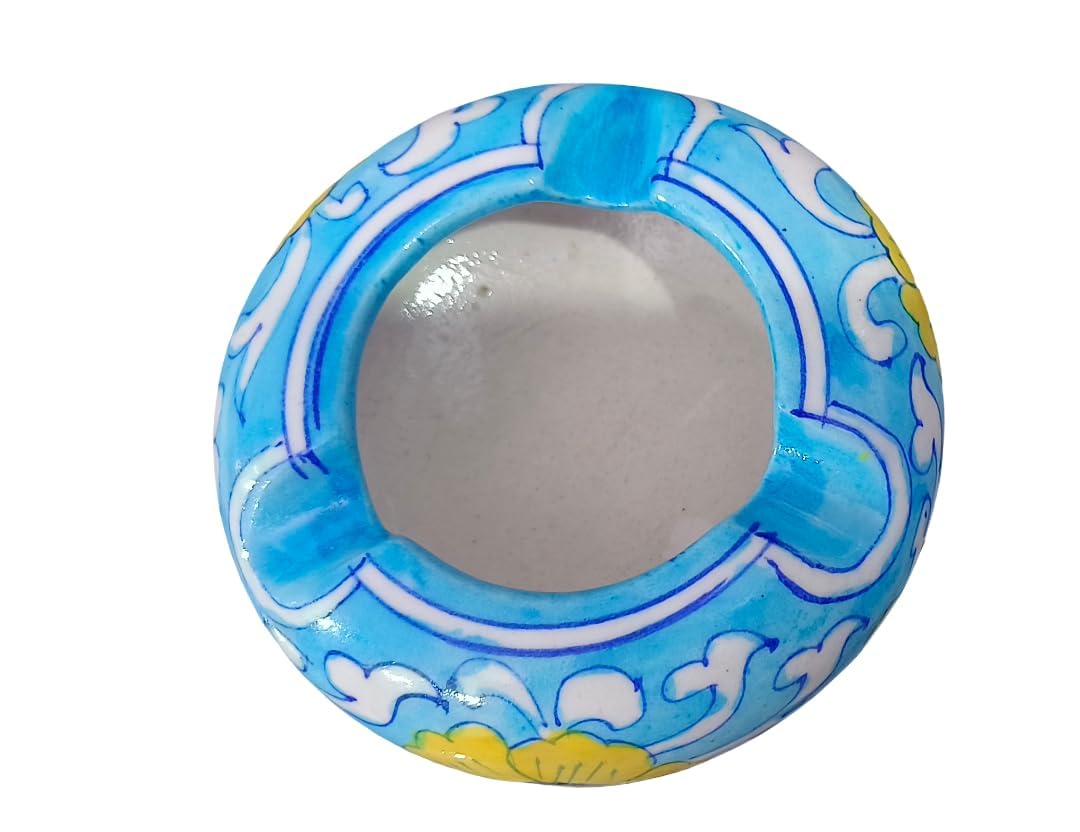 Handcrafted Ceramic Ashtray, Blue Pottery Decorative Ash Tray with Yellow Floral Design, Heat-Resistant Smoking Accessory for Home and Office Table Décor-picture-30