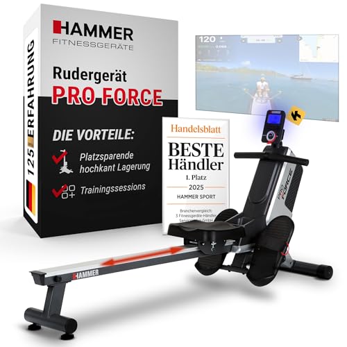 HAMMER Rudergerät Pro Force - platzsparendes, leichtes & hocheffektives Ausdauergerät mit 20 Trainingsprogrammen und Tablet-Halterung, bis 120 kg Nutzergewicht