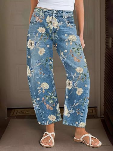 Flamingals Barrel Jeans for Women Trendy Mid Rise Floral Printed Cropped Jeans Relax Fit Stretch Denim Ankle Pants2