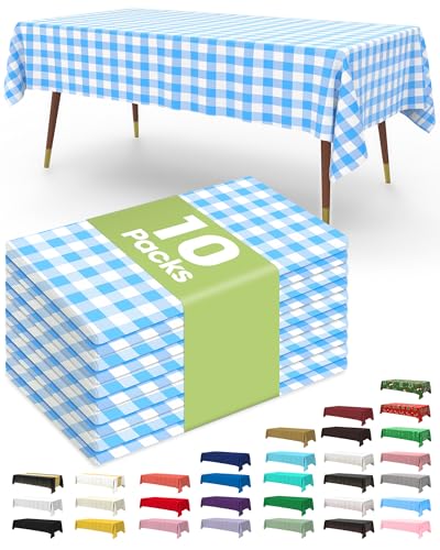 Image of Pureegg Plastic Table Cloth Disposable 10 Pack, 54 x 108 Inch Table Cloths, Party, Picnic, Decorative Gingham Tablecloths, Rectangle, Blue and White Checkered Cover, Leakproof & Sturdy, Blue Plaid