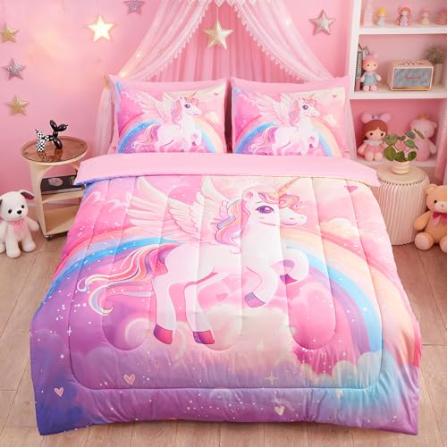 Image of Unicorn Bedding Twin Size for Girls 5 Piece,3D Colorful Pink Purple Unicorn Comforter Set for Girls, Ultra Soft and Fluffy, Rainbow Bed Set with Comforter Sheets Pillowcase & Sham