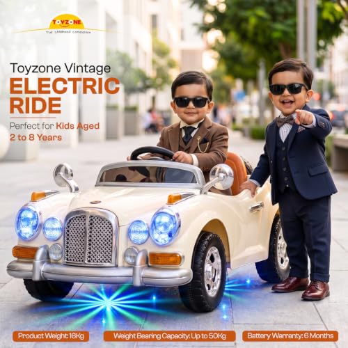 Image of Toyzone Vintage Electric Ride on Car TZ-128 (Creame) | Frequency 2.4 Ghz |Lights and Music | Seat Belt for Safety |Perfect Tyre Grip | Make in India | Indoor and Outdoor Toy
