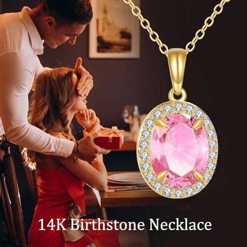 GEHN 14K Solid Gold Birthstone Necklace Gemstone Oval Pendant Necklace Real Gold Jewelry Birthday Gifts for Women3