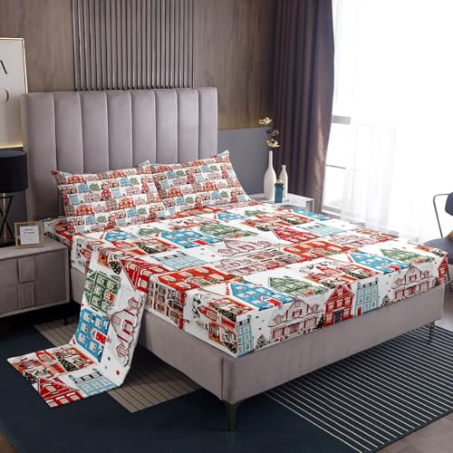 Christmas House Bed Sheets King Size,Red Blue Green Xmas Decor Bedding Set for Kids Girls Boys Adult,Winter Snowflake Fitted Sheet Christmas Socks Candy Print Microfiber Top Flat Sheet 4Pcs