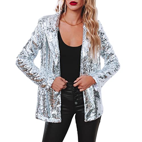 Women's Shiny Sequin Open Front Blazer Coat Lapel Long Sleeve Cardigan Jacket2