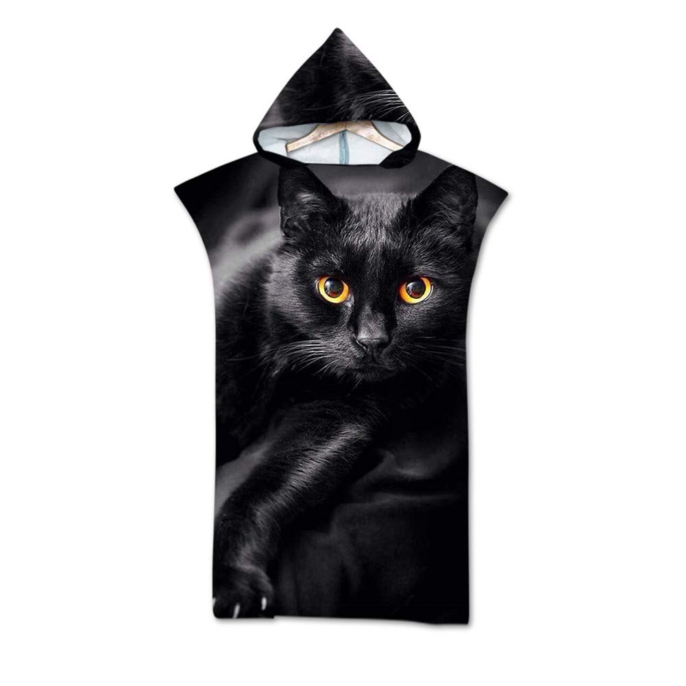 Treer Women's Black Cat Hooded Towelling Changing Robe, Adult Men Summer Beach Poncho Towel Microfibre Light Weight Quick Dry Towel For Travel Swimming Surfing Wetsuit (75X110cm,)