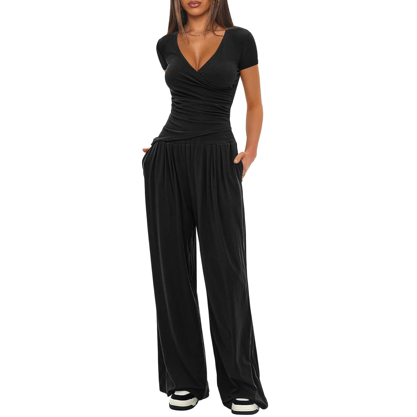 LIAMERHE Femme Ensemble 2 Pièces Été Chic Manches Courtes Col en V Cache-Cœur et Pantalon Large Fluide avec Poches Tenue de Détente Élégante Loungewear Streetwear Casual et Yoga