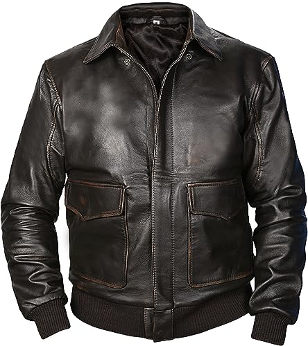 Image of Men's Brown Distressed Brown Leather Aviator Bomber Jacket - X-Large