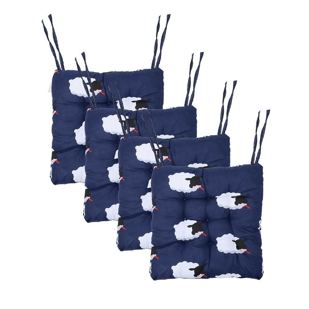 Set de 4 Cojines para Sillas de Comedor 40x40 cm - Cojines Exterior/Interior con Lazos, Relleno de Asiento Ideal para Terraza, Jardín, Salón o Restaurante (Ovejas Azules)
