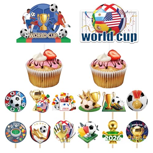 AhfuLife Topper de Gâteau Coupe du Monde 2026, 14 Pièces Fanions de Gâteau sur le Thème du Football, Décorations Réutilisables pour Fêtes, Matchs de...