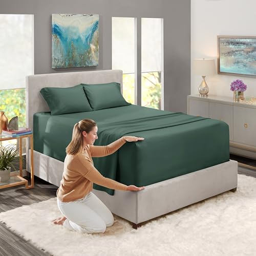 Image of Nestl Full Size Sheet Set, 4 Piece Extra Deep Pocket (18-24 inches), Microfiber, Hotel Luxury, Soft, Breathable, Wrinkle-Free, Easy to Care, Forest Green