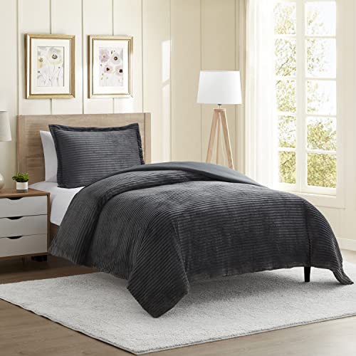 Nestl Premium Flannel Duvet Cover Set - 2 Pc Reversible Twin Comforter Cover Set With Microfiber Back - 1 Velvet Duvet Cover Twin With Zipper Closure & 1 Pillow Sham 68 X 90 Inches – Charcoal Gray #TOP1