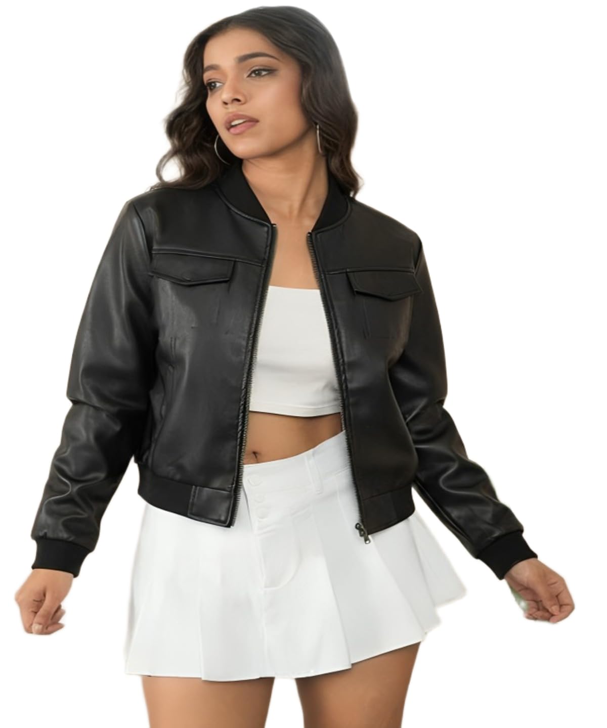 maykr Women's Faux Leather Bomber Jacket, Black Cropped Style, Zip Front with Flap Pockets, Ribbed Collar and Cuffs, Casual Streetwear Fashion, 55cm Length-picture-10