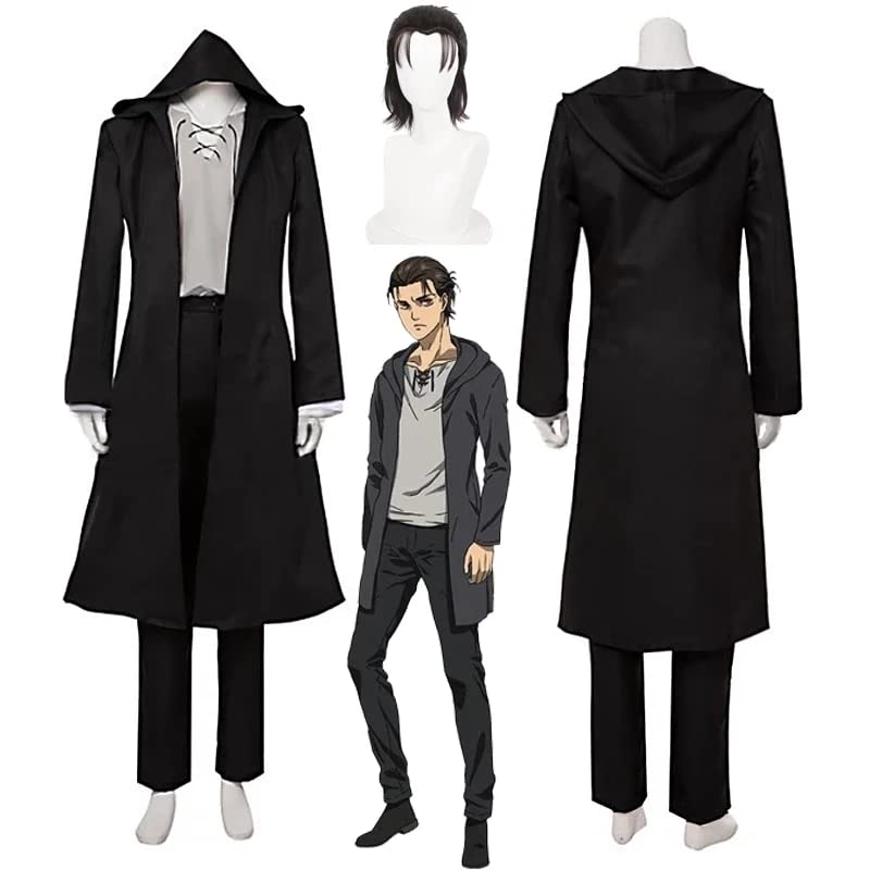 Anime Attack on Titan Final Season 4 Eren Jaeger Cosplay Costumes Black Hooded Trench T-shirt Pants 