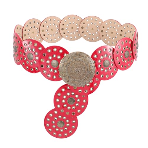 Image of WERFORU Women Wide Western Disc Belt Cowgirl Boho Leather Belt for Jeans Dress