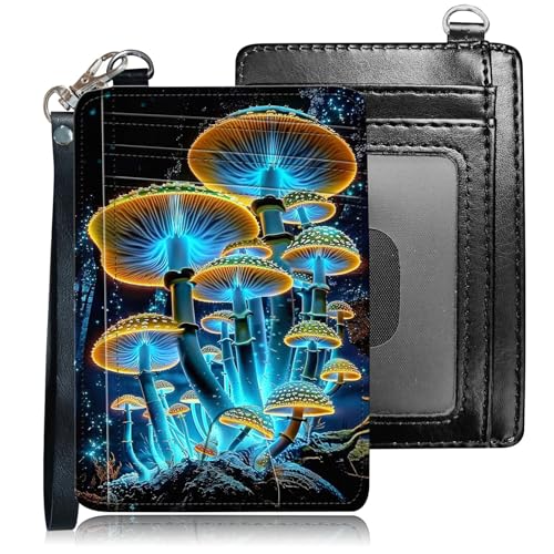 Slim RFID Blocking Card Holder Wallet with Wrist Strap - Minimalist Front Pocket Wallet, Luminous Mushroom Design, PU Leathe, for Men & Women, Ideal for Travel & Gifts