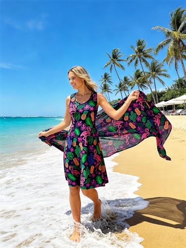 Image of uideazone Women Funny Print Sleeveless U Neck A Line Casual Midi Dress | Soft Stretchy Breathable Fabric Flared Swing Sundress Fitted Waist for Daily Wear 80 /90s Themed Party Beach Vacation Trips