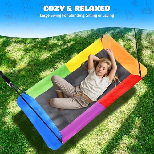 Image of 60 inch Rectangular Giant 800lbs Tree Swing for Kids and Adults,Waterproof & Durable,Heavy Duty Large Outdoor Tree Swing with 2 Hanging Straps