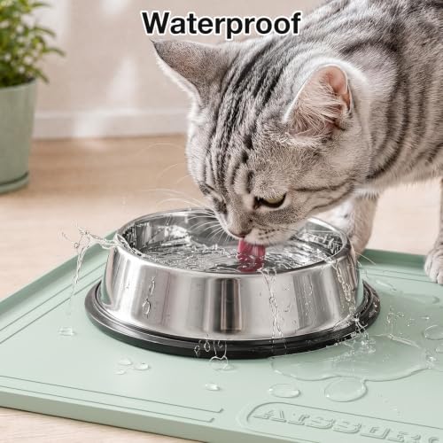 Image of 22x19 Pet Feeding Mat Waterproof Nonslip Cats and Dogs Water Bowl Mat | Silicone 0.59 inch Raised Edges Contain Food & Water Spills, Easy To Clean, Bpa-Free, Reinforced To Resist Collapse,Light Green