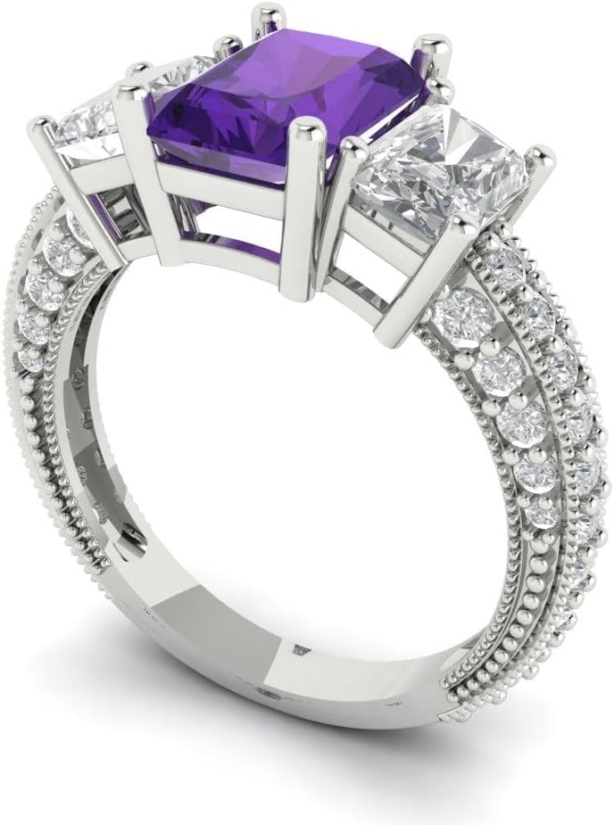 Clara Pucci 14K Solid Gold Engagement Ring for Women | 3.61 cttw Amethyst Emerald Cut Three-Stone | Real White Gold Wedding Ring