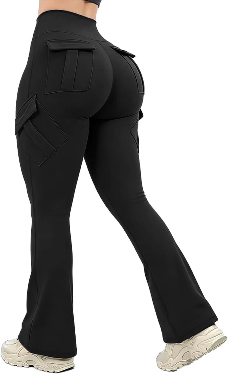 High Waisted Cargo Flare Pants for Women, Stretchy Butt Lift Yoga Leggings with 4 Pockets, Tummy Control,Workout