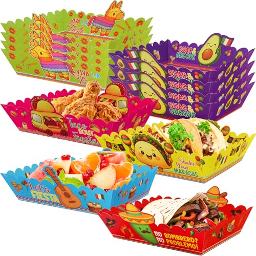 Fancy Land Mexican Cinco de Mayo Food Trays Fiesta Disposable Party Decorations Paper Trays Taco Boats for Snack Nacho Birthday Supplies 24 Pack