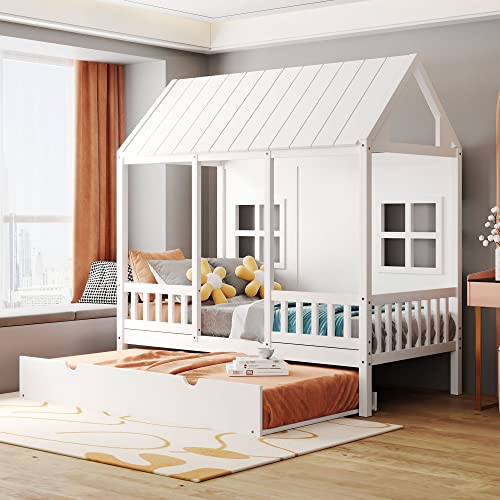 Image of House Bed with Trundle, Twin House Bed for Kids, Wooden Platform Bed Frame with Headboard and Roof, for Girls Boys (Twin Size, White)