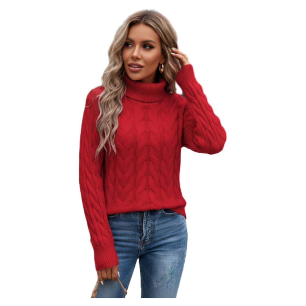 Black Trendy Turtleneck Sweater for Women Cable Knit Long Sleeve Chunky Pullover Cozy Winter Jumper Top