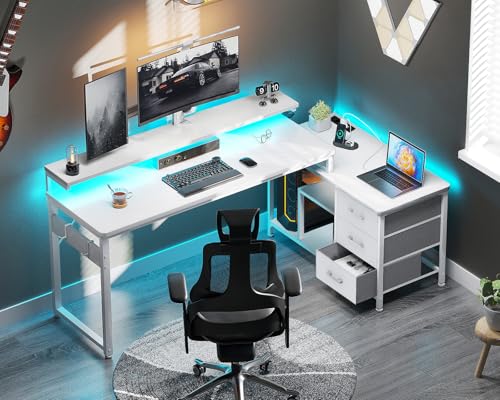 Scrivania Angolare con Cassetti, 174x100cm Scrivania Gaming a L con LED e Porta USB e Presa di Corrente, Scrivania per Ufficio con Ripiano, Scrivania ad Angolo per Computer, Bianca - Sedia gaming - Immagine 4