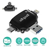 geekgo SD/Micro SD Card Reader for iPhone iPad/Android Phone/Apple MacBook/Computer, Memory Card Adapter with Lightning, Micro USB, USB C, USB 4 Interfaces, Picture and Video Viewer for Camera