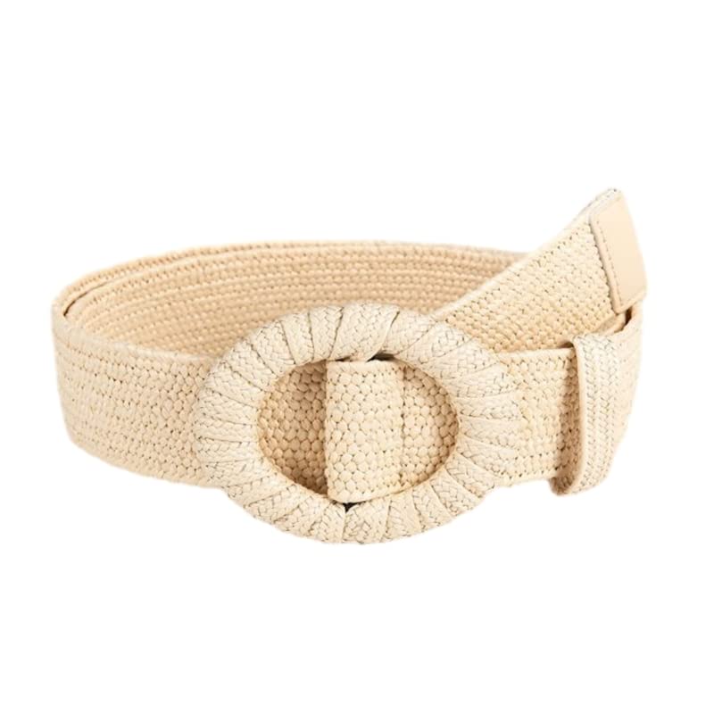 GenericBohemian Handwoven Belt For Women Round Bead Buckle Waist Belt Elastic Wide Belt For Teens Girl Female Beach Dress Decor