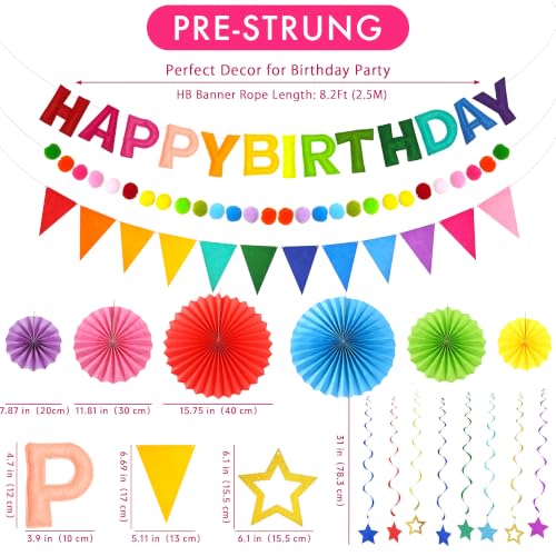 Image of CANREVEL 17 PCS Pre-Strung 3D Rainbow Happy Birthday Banner, Multi Streamer