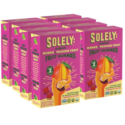 Image of SOLELY - Organic Mango & Passion Fruit Whole Fruit Gummies (Pack of 8 Boxes, 5 Bags per Box) - School Snacks - Healthy Snacks for Adults & Kids - Non GMO, Vegan Snacks, Shelf Stable - 40 Bags (3.5 oz)