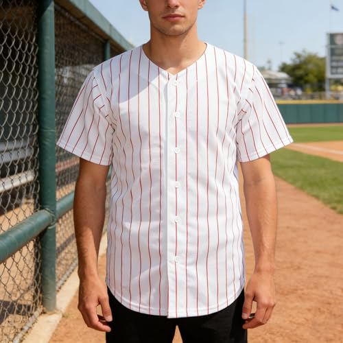 Camiseta de béisbol blanca a rayas rojas, abotonada, manga corta, para deportes y uso casual miniatura 1