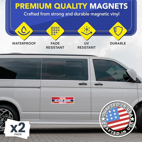 Image of Magnet Me Up Caution Frequent Stops Magnetic Decal - 3x10 Inch 2 Pack, UV Printed Red /Blue Automotive Vinyl Sign for Car, Delivery Driver Safety Magnet, Durable Weatherproof Accessory, Made in USA